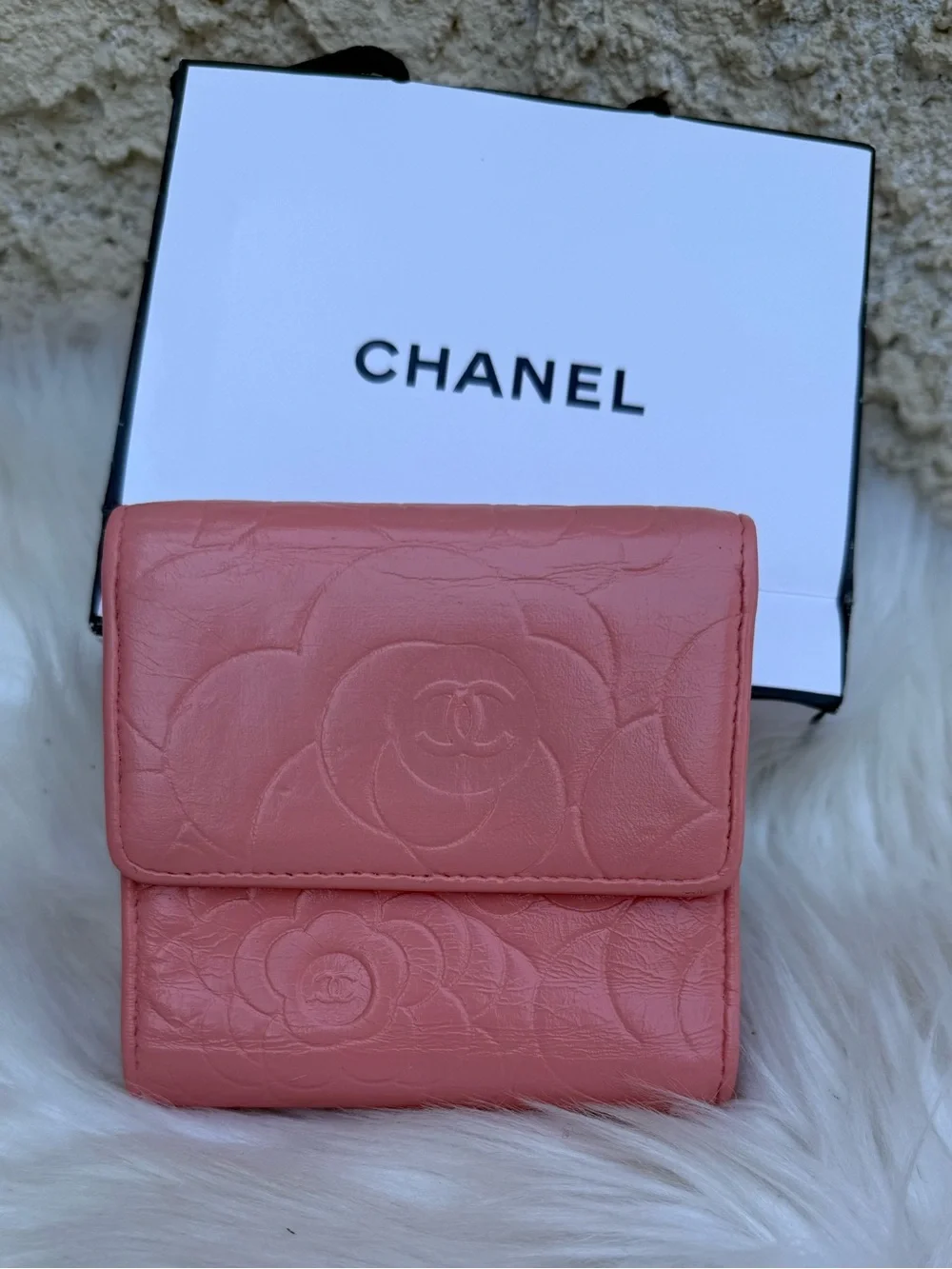 CHANEL Pink Camellia Embossed Mini bi fold Wallet with Silver CC